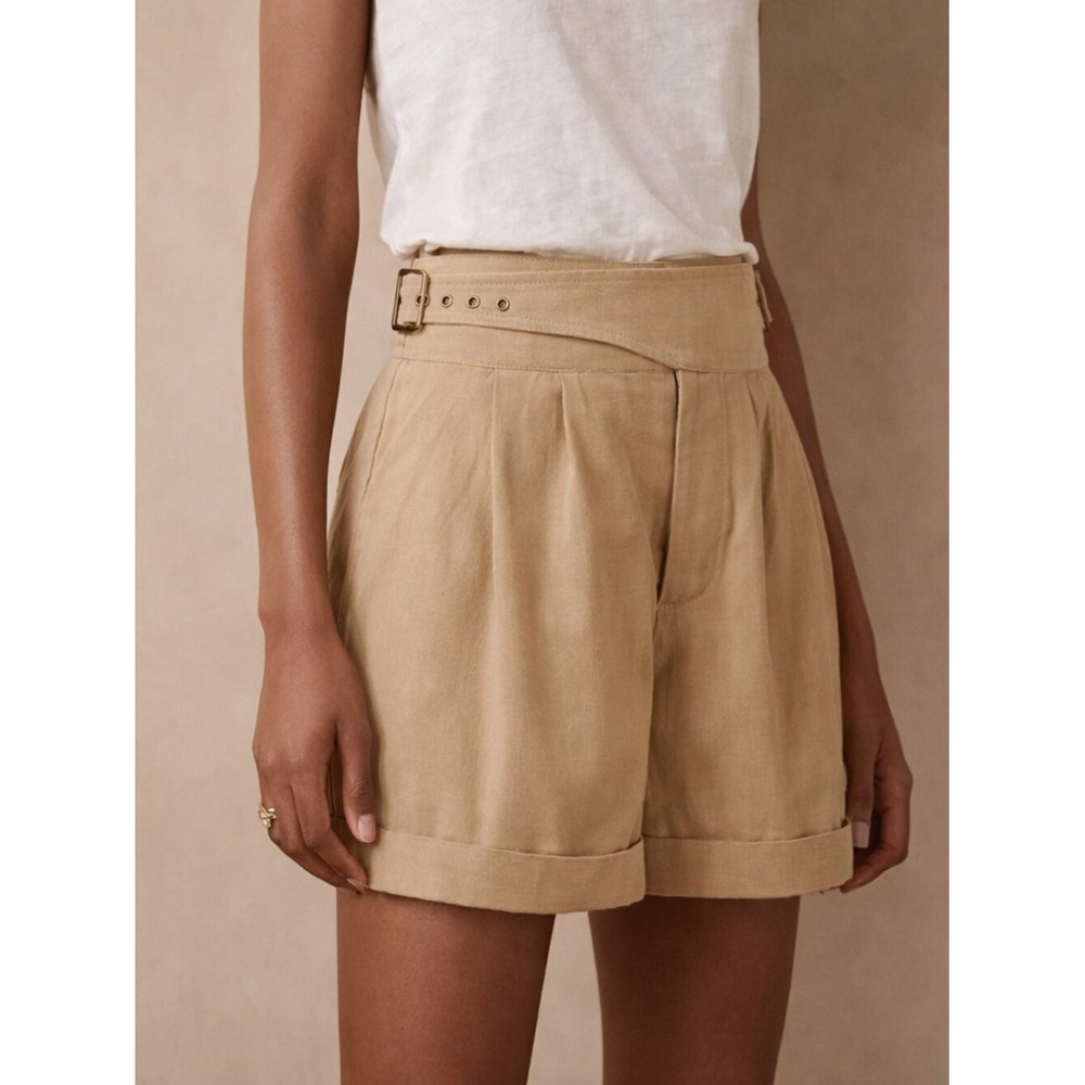 Banana Republic High-Waist Pleated Tan Linen Heritage Explorer Shorts SZ 2 Boho